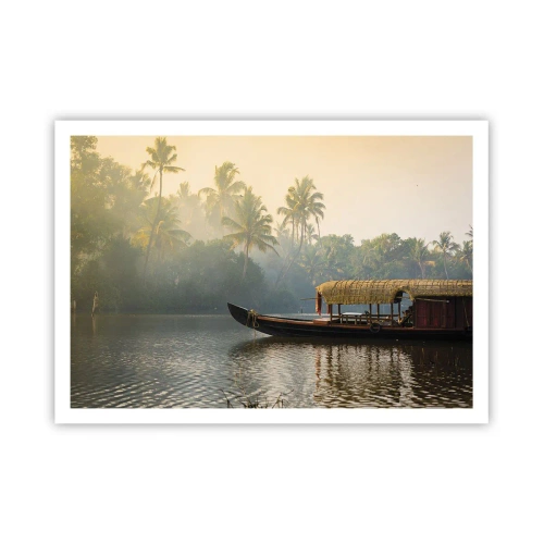 Affiche - Poster - Un bateau traditionnel sur une rivière calme parmi les palmiers - 100x70cm - Maison sur la rivière - Décoration murale moderne pour le salon et la chambre ARTTOR