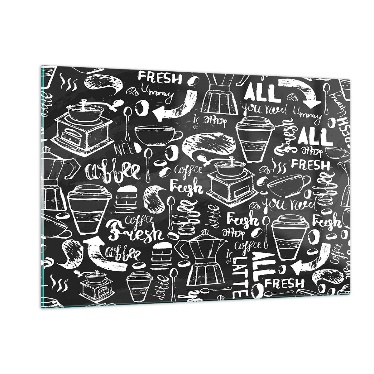 Impression sur verre - Image sur verre - Graphiques et lettrages de café sur fond noir dans un style rétro - 120x80cm - Tout ce dont tu as besoin c'est… - Décoration murale moderne pour le salon et la chambre ARTTOR