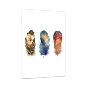 Impression sur verre - Image sur verre - Trois plumes colorées aux motifs ethniques - 50x70cm - Rituels, cérémonies, secrets - Décoration murale moderne pour le salon et la chambre ARTTOR