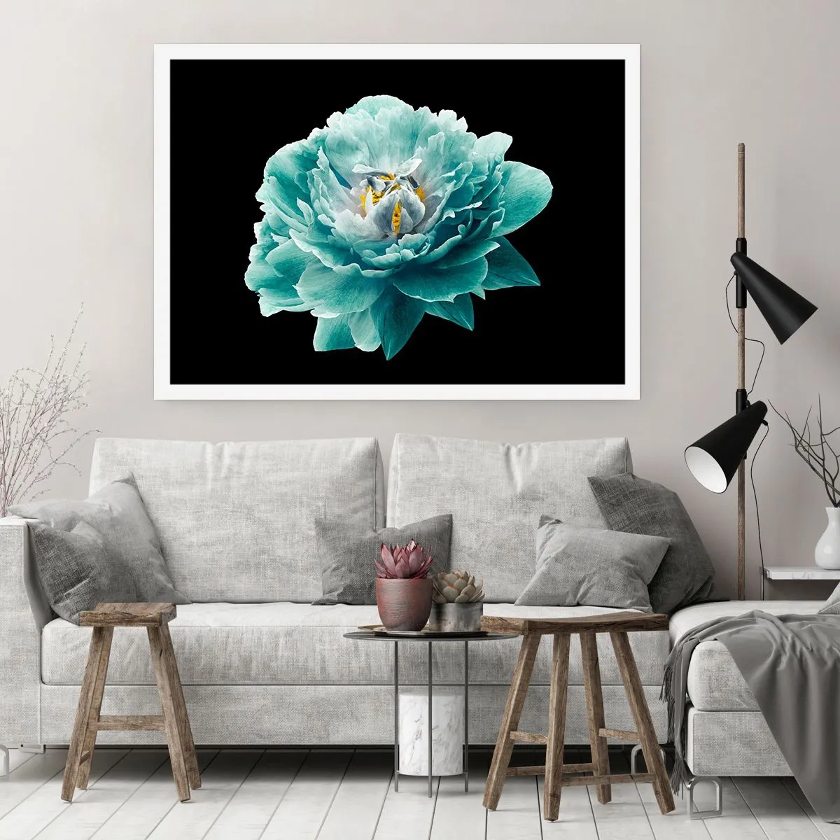 Affiche - Poster - Fleur de pivoine turquoise sur fond noir - 100x70cm - Pétales bleus et dorés - Décoration murale moderne pour le salon et la chambre ARTTOR
