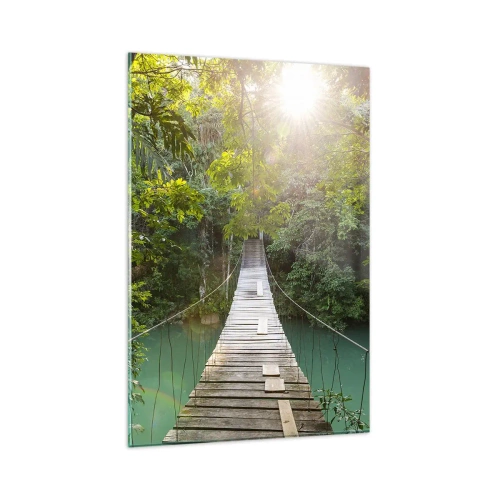 Impression sur verre - Image sur verre - Un pont suspendu dans une forêt tropicale illuminée par la lumière du soleil. - 80x120cm - De l'eau azur à la forêt azur - Décoration murale moderne pour le salon et la chambre ARTTOR
