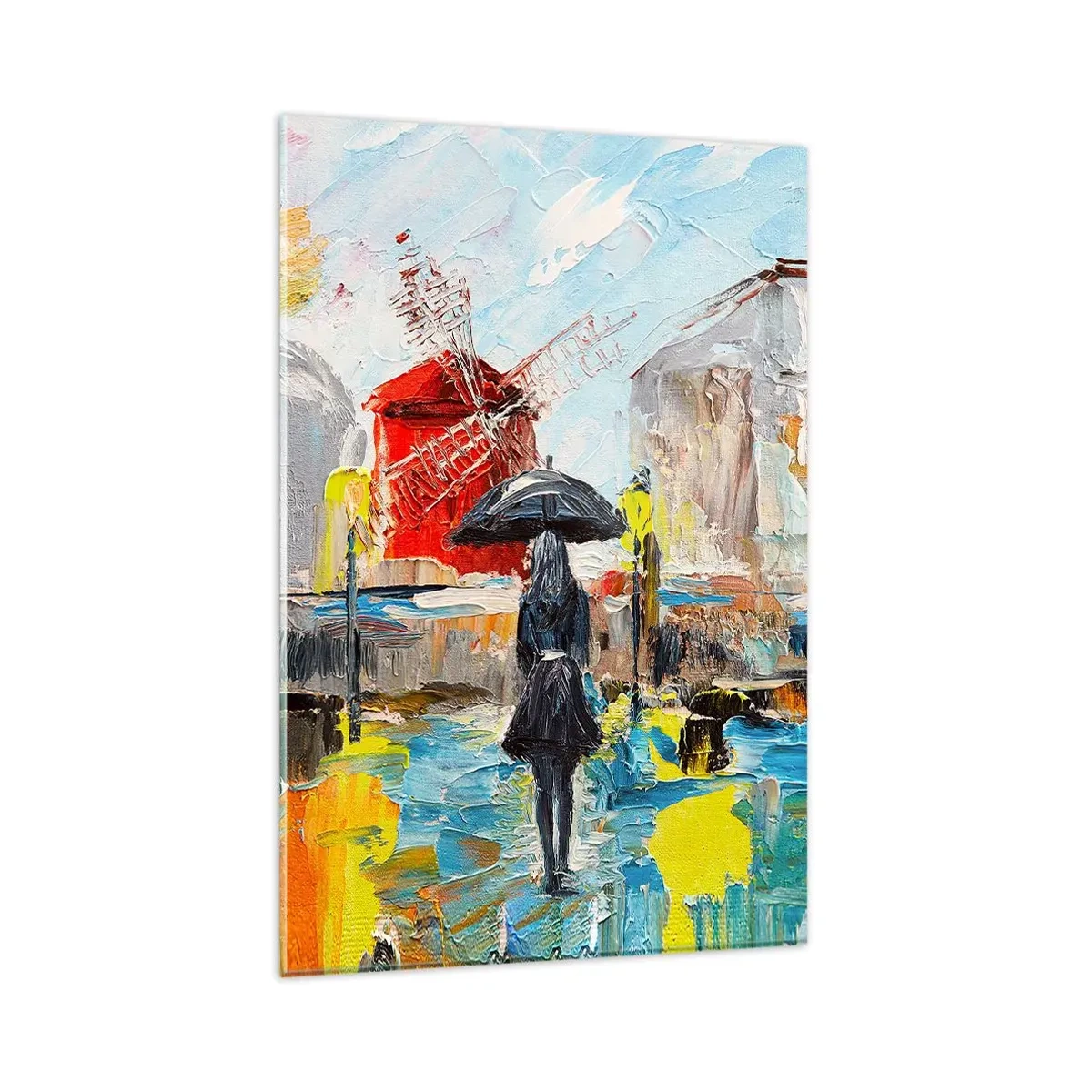 Impression sur verre - Image sur verre - Une scène pittoresque avec un parapluie sur fond de Paris aux couleurs vibrantes. - 80x120cm - Légende parisienne - Décoration murale moderne pour le salon et la chambre ARTTOR