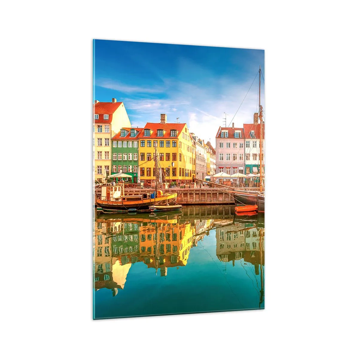 Impression sur verre - Image sur verre - Maisons colorées au bord des canaux de Copenhague - 70x100cm - Aussi lisse qu'un miroir au-dessus de l'eau - Décoration murale moderne pour le salon et la chambre ARTTOR