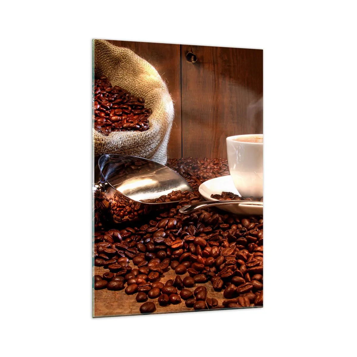 Impression sur verre - Image sur verre - Une tasse de café avec des grains de café et un sac de céréales en arrière-plan - 70x100cm - Sentez-vous cette odeur? - Décoration murale moderne pour le salon et la chambre ARTTOR