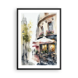 Affiche dans un cadre noir - Poster - Un café dans une rue pittoresque de style européen - 50x70cm - Matinée parisienne - Décoration murale moderne pour le salon et la chambre ARTTOR