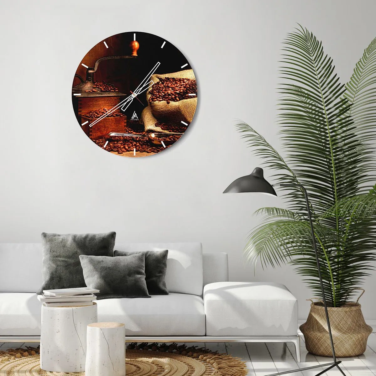 Horloge murale - Pendule murale - Nature morte avec grains de café et moulin - 40x40 cm