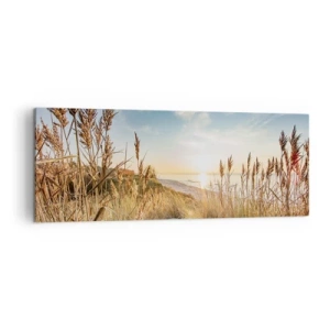 Impression sur toile - Image sur toile - Une plage pittoresque avec de l'herbe et le soleil couchant - 140x50cm - Plage du nord - Décoration murale moderne pour le salon et la chambre ARTTOR