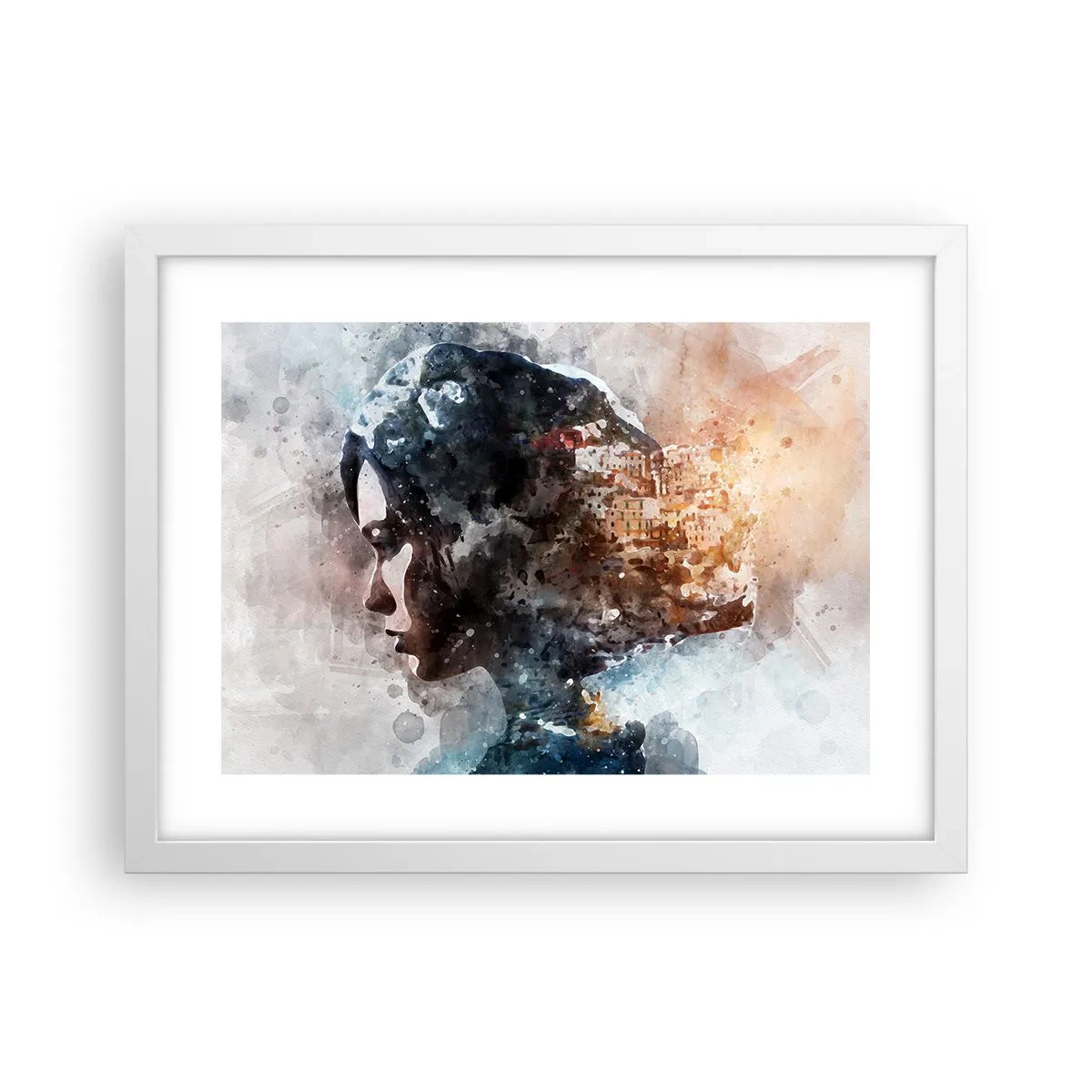 Affiche dans un cadre blanc - Poster - L'histoire d'une fille avec une ville en arrière-plan - 40x30 cm