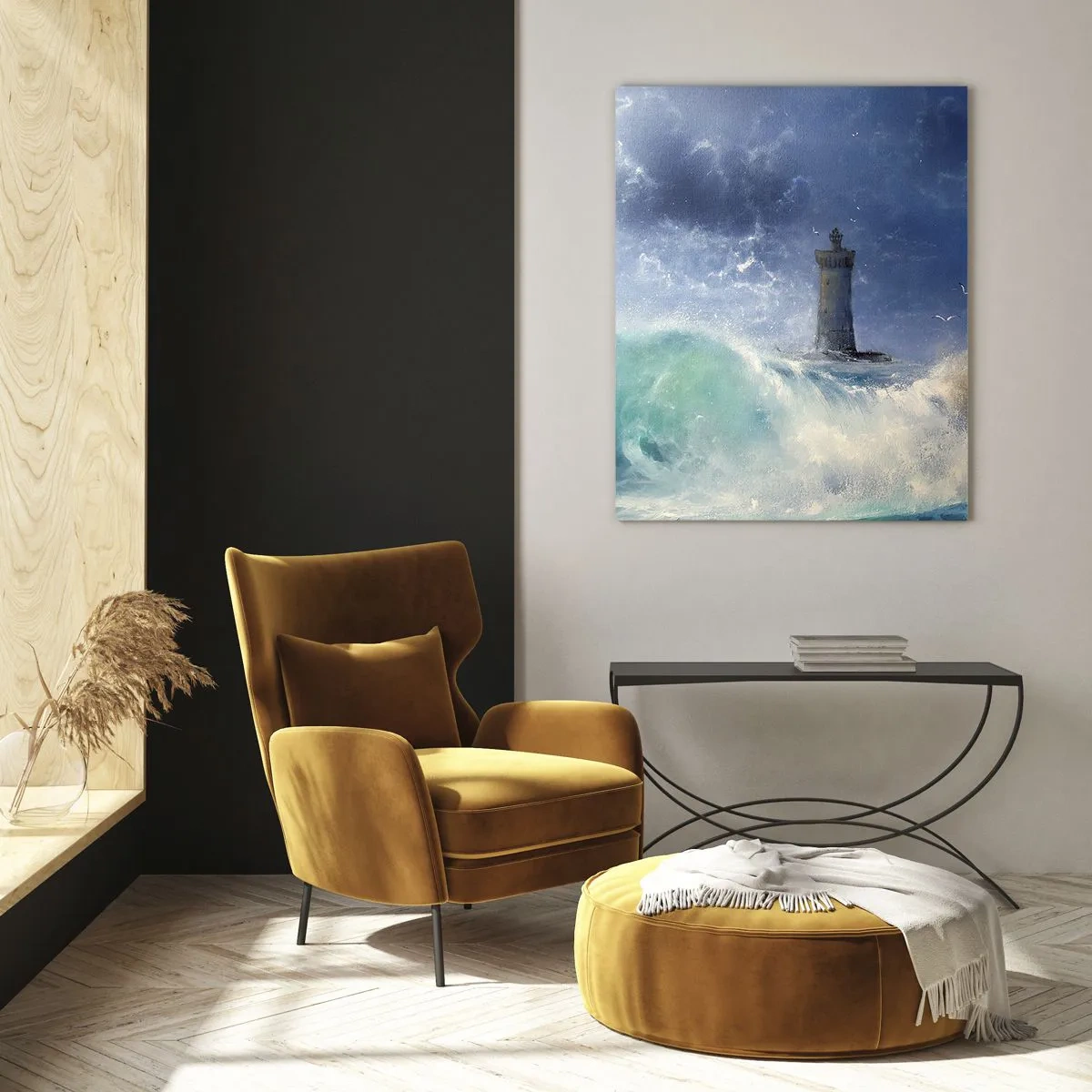 Impression sur verre - Image sur verre - Un phare entouré de vagues agitées et de nuages - 80x120cm - En garde contre les éléments - Décoration murale moderne pour le salon et la chambre ARTTOR