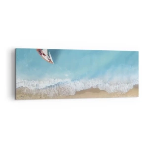 Impression sur toile - Image sur toile - Vue aérienne d'un bateau sur la plage - 140x50cm - A la frontière de l'azur et de l'or - Décoration murale moderne pour le salon et la chambre ARTTOR