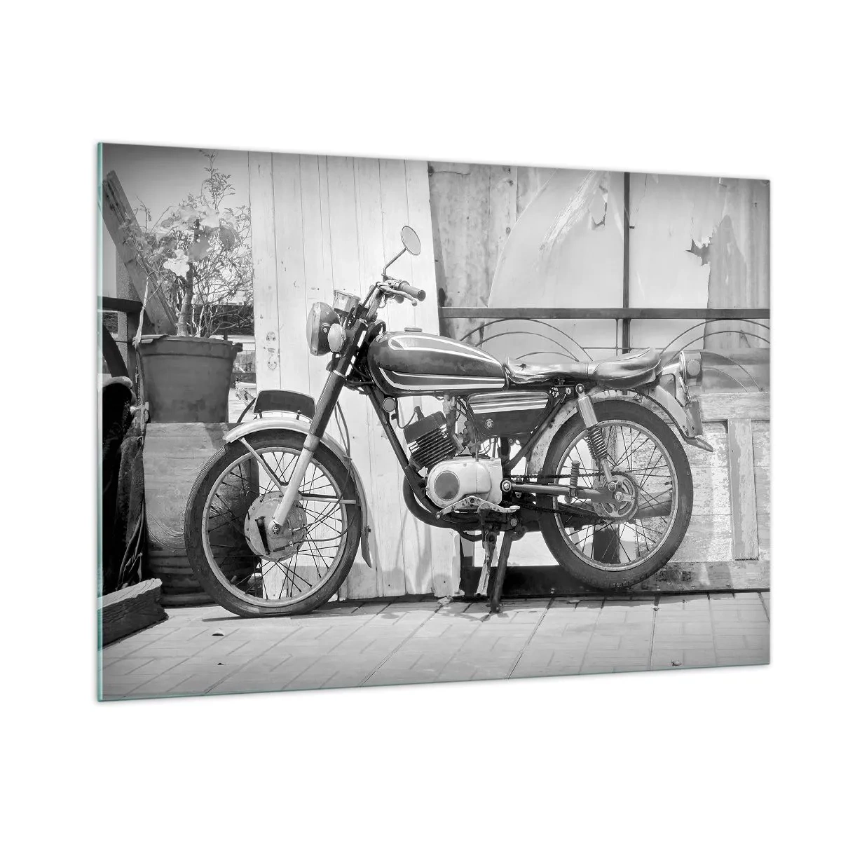 Impression sur verre - Image sur verre - Une moto de style rétro debout contre un mur en bois - 100x70cm - Classique au dessus de tout - Décoration murale moderne pour le salon et la chambre ARTTOR
