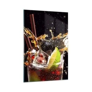 Impression sur verre - Image sur verre - Un verre de boisson, citron vert et glace au moment des éclaboussures dynamiques - 80x120cm - Joie et énergie des couleurs - Décoration murale moderne pour le salon et la chambre ARTTOR