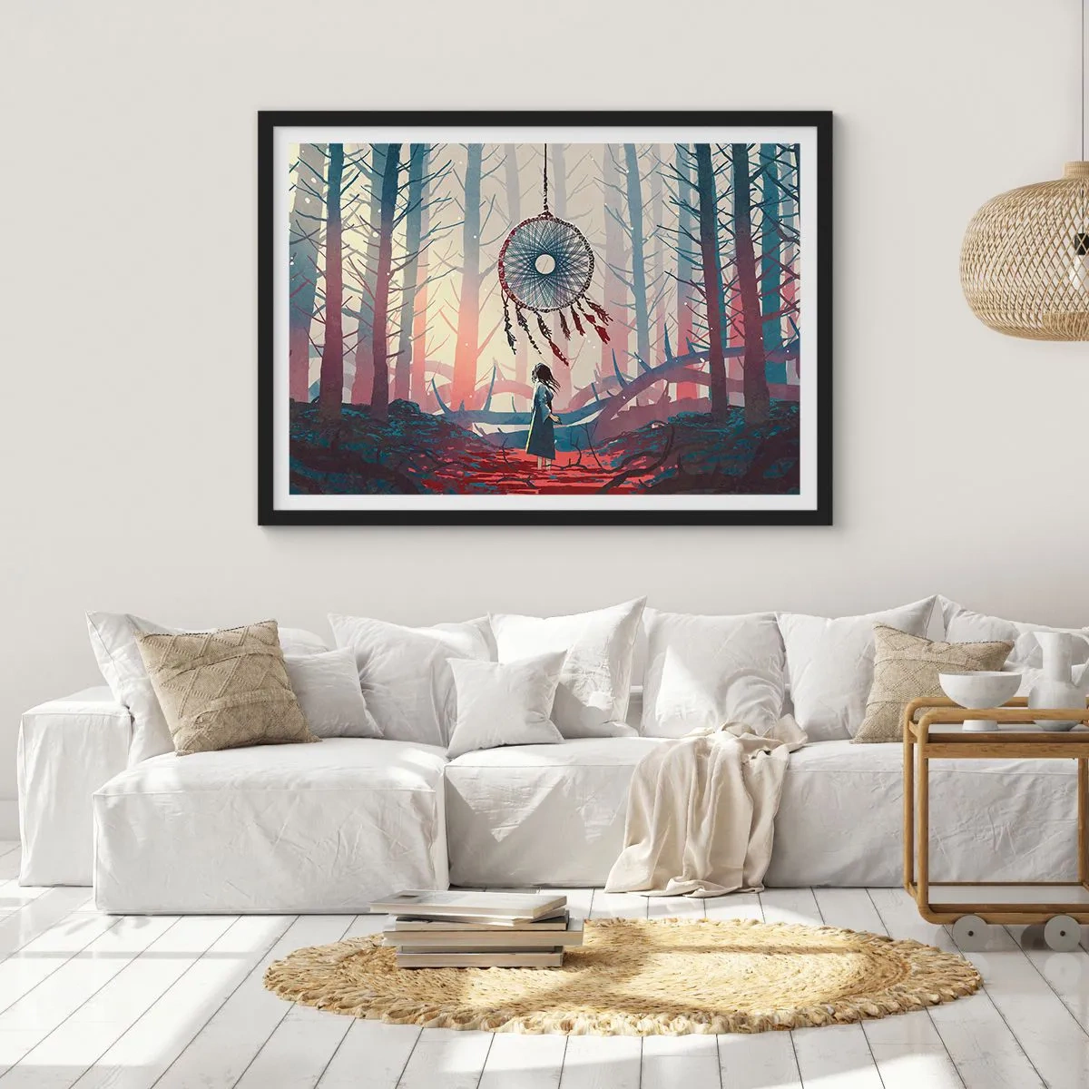 Affiche dans un cadre noir - Poster - Scène de forêt avec un attrape-rêves géant - 70x50cm - Rituel secret du bonheur - Décoration murale moderne pour le salon et la chambre ARTTOR