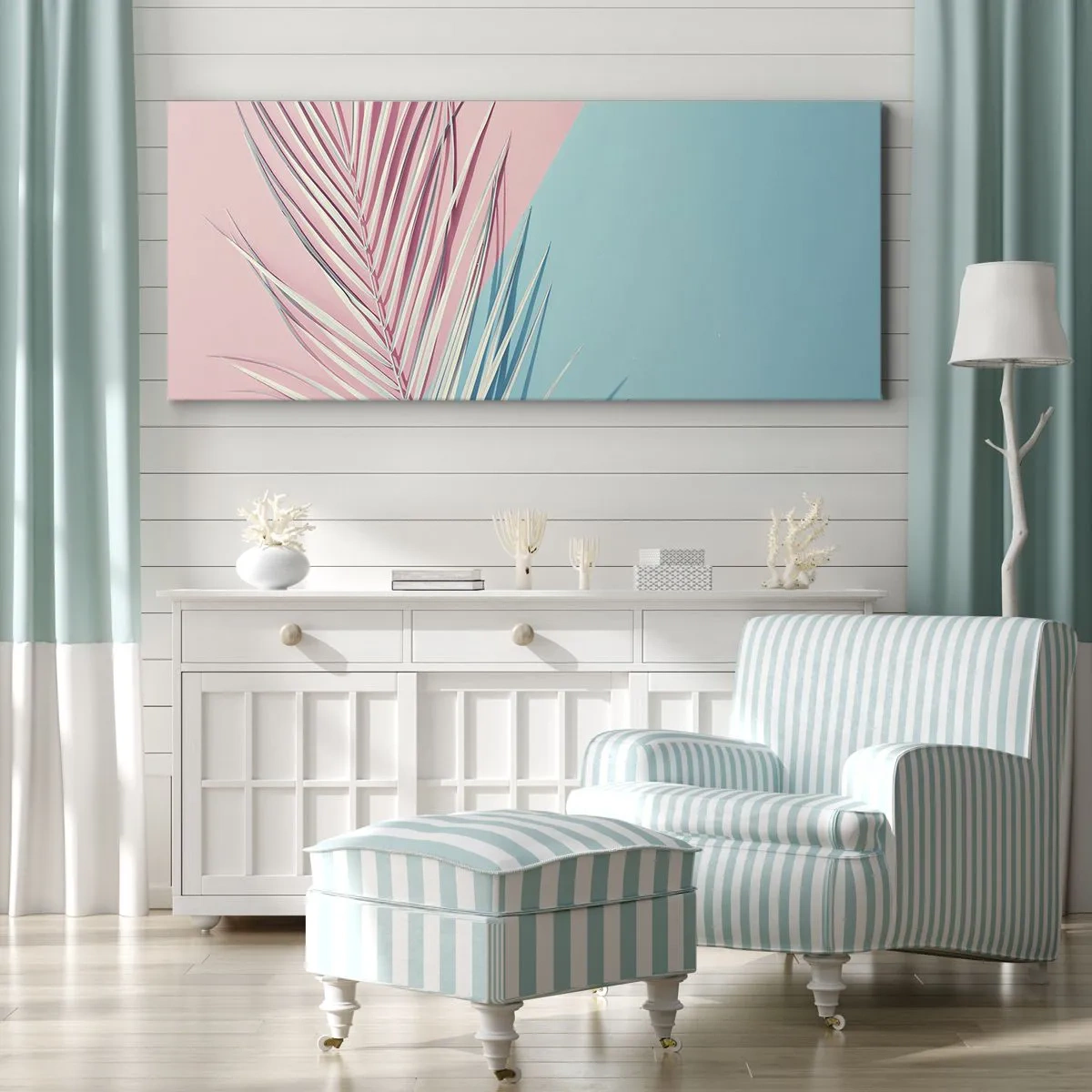 Impression sur toile - Image sur toile - Feuille tropicale sur un fond de tons pastel de rose et de bleu - 160x50cm - Impression tropicale - Décoration murale moderne pour le salon et la chambre ARTTOR