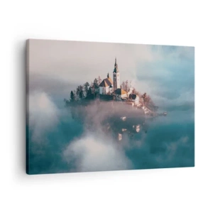 Impression sur toile - Image sur toile - Une île pittoresque avec une église entourée de brouillard - 70x50cm - Île de rêve - Décoration murale moderne pour le salon et la chambre ARTTOR