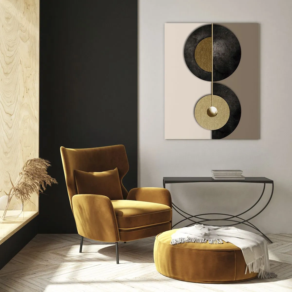 Impression sur verre - Image sur verre - Cercles géométriques en or et noir sur fond beige - 50x70cm - Variations autour du cercle - Décoration murale moderne pour le salon et la chambre ARTTOR