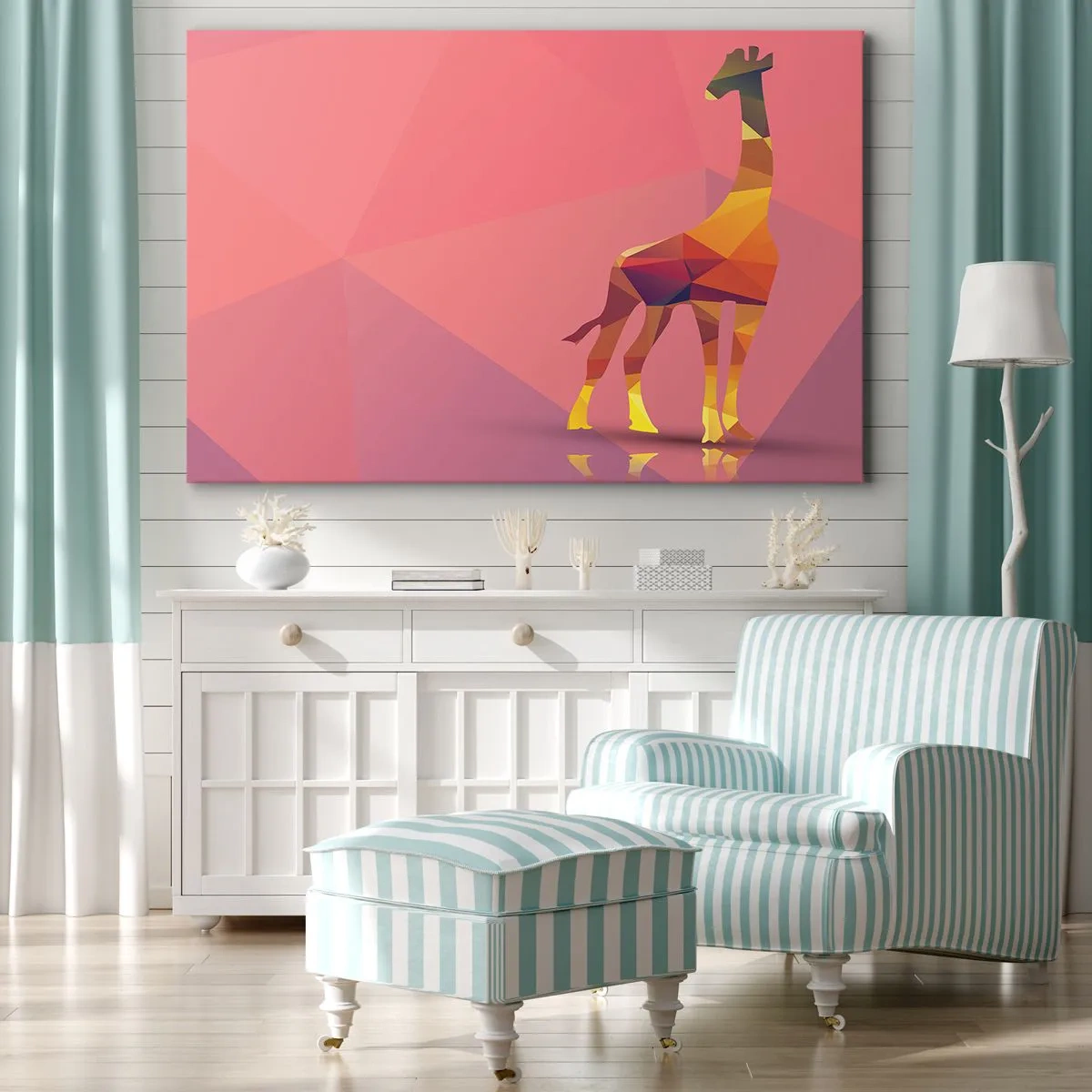 Impression sur toile - Image sur toile - Silhouette de girafe géométrique dans des tons pastel de rose et de jaune - 120x80cm - Les nuances de la savane - Décoration murale moderne pour le salon et la chambre ARTTOR