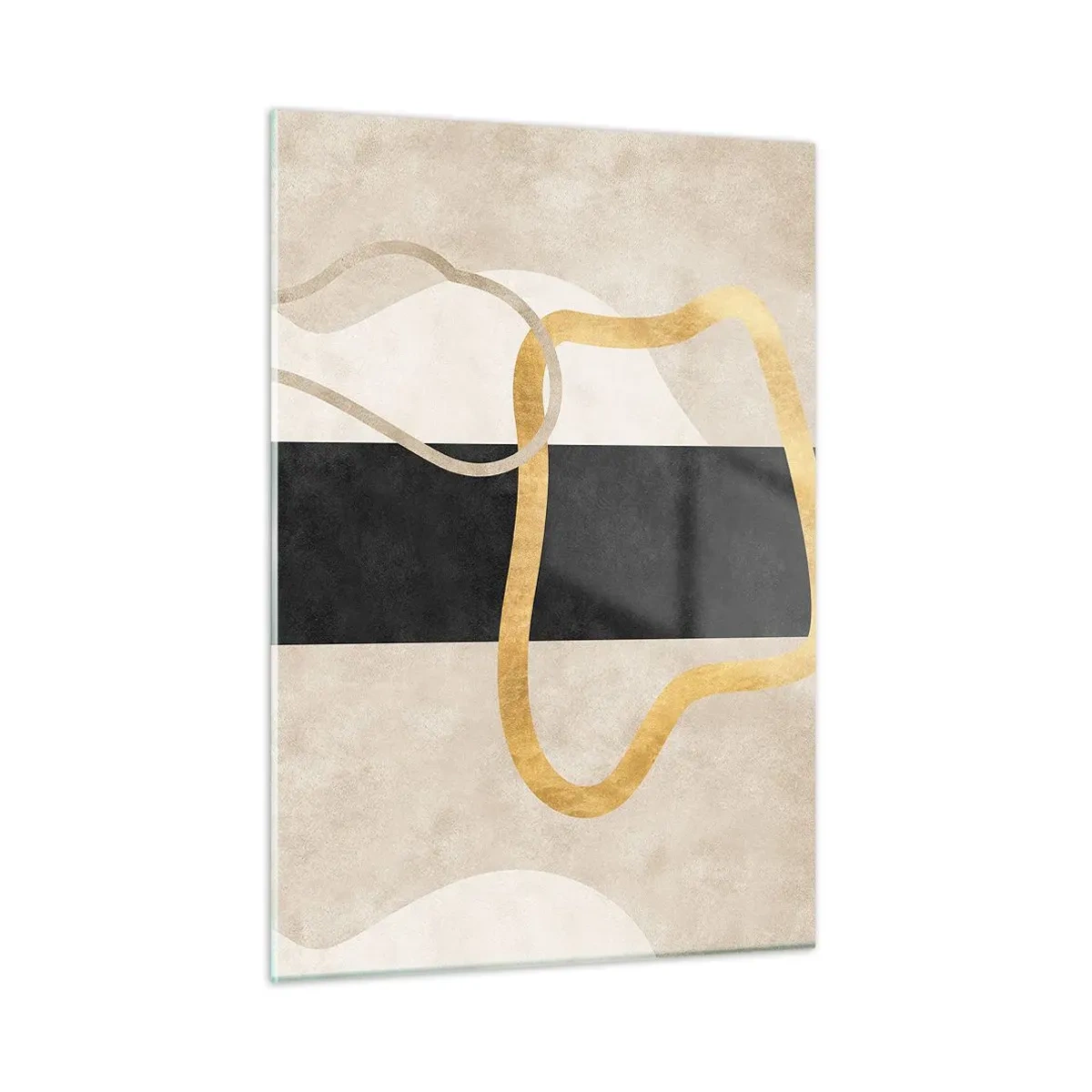 Impression sur verre - Image sur verre - Lignes dorées et beiges formant des formes en boucle sur un fond à rayures noires. - 50x70cm - Formes emmellées - Décoration murale moderne pour le salon et la chambre ARTTOR