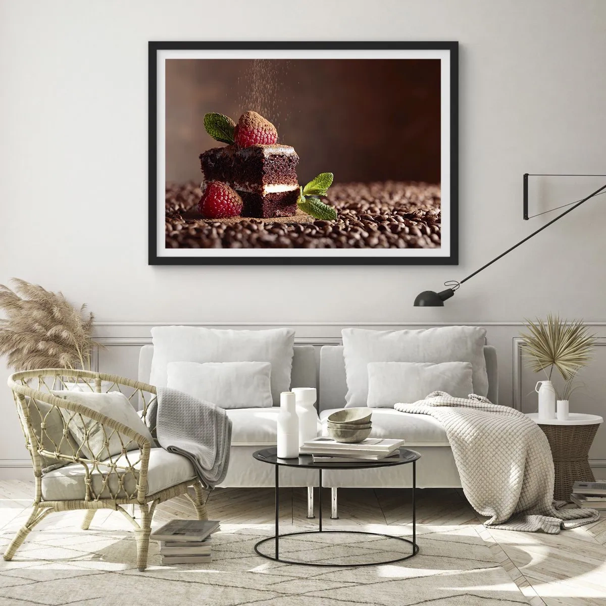 Affiche dans un cadre noir - Poster - Gâteau au chocolat aux framboises et à la menthe sur fond de fèves de cacao - 70x50cm - La vie est douce - Décoration murale moderne pour le salon et la chambre ARTTOR