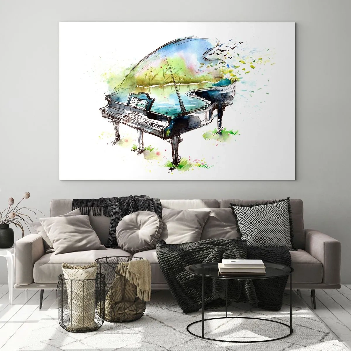 Impression sur verre - Image sur verre - Aquarelle d'un piano entouré de nature - 100x70cm - Enchanté en musique - Décoration murale moderne pour le salon et la chambre ARTTOR