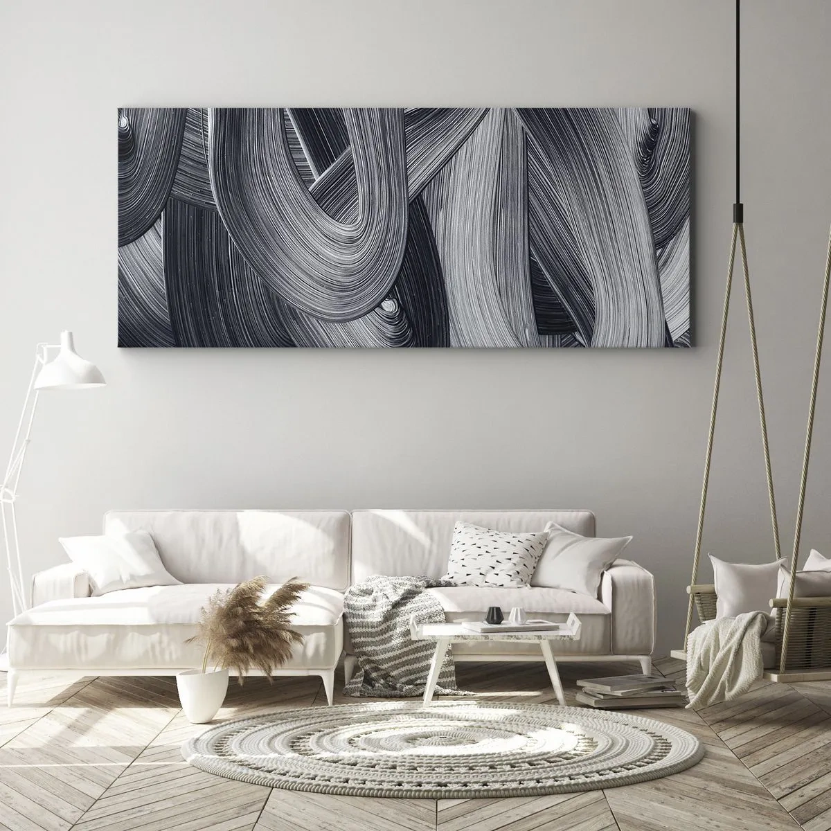 Impression sur toile - Image sur toile - Abstraction en noir et blanc avec des coups de pinceau dynamiques. - 140x50cm - La fluidité de la réalité - Décoration murale moderne pour le salon et la chambre ARTTOR