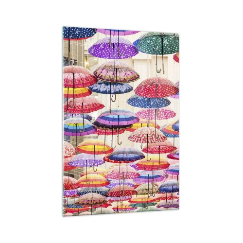 Impression sur verre - Image sur verre - Parapluies colorés suspendus dans les airs - 70x100cm - Prairie de la ville - Décoration murale moderne pour le salon et la chambre ARTTOR