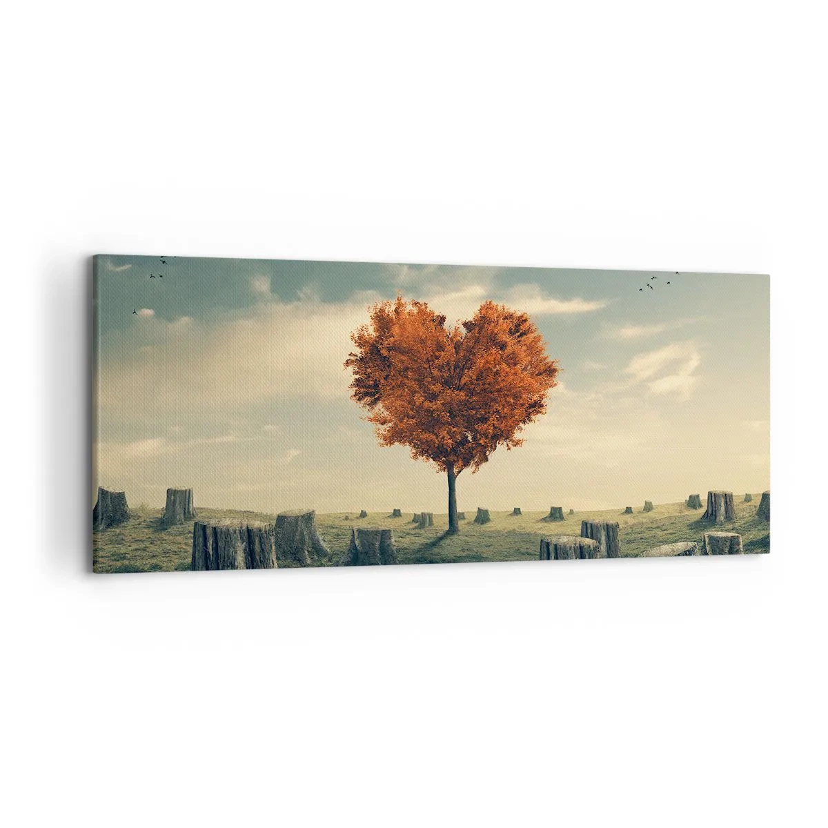 Impression sur toile - Image sur toile - Un arbre en forme de cœur dans un champ de souches, symbole d'espoir - 120x50cm - Il y a toujours de l'espoir - Décoration murale moderne pour le salon et la chambre ARTTOR