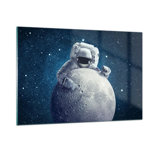Impression sur verre - Image sur verre - Un astronaute étreignant la lune dans un ciel étoilé - 120x80cm - Comique de l'espace - Décoration murale moderne pour le salon et la chambre ARTTOR