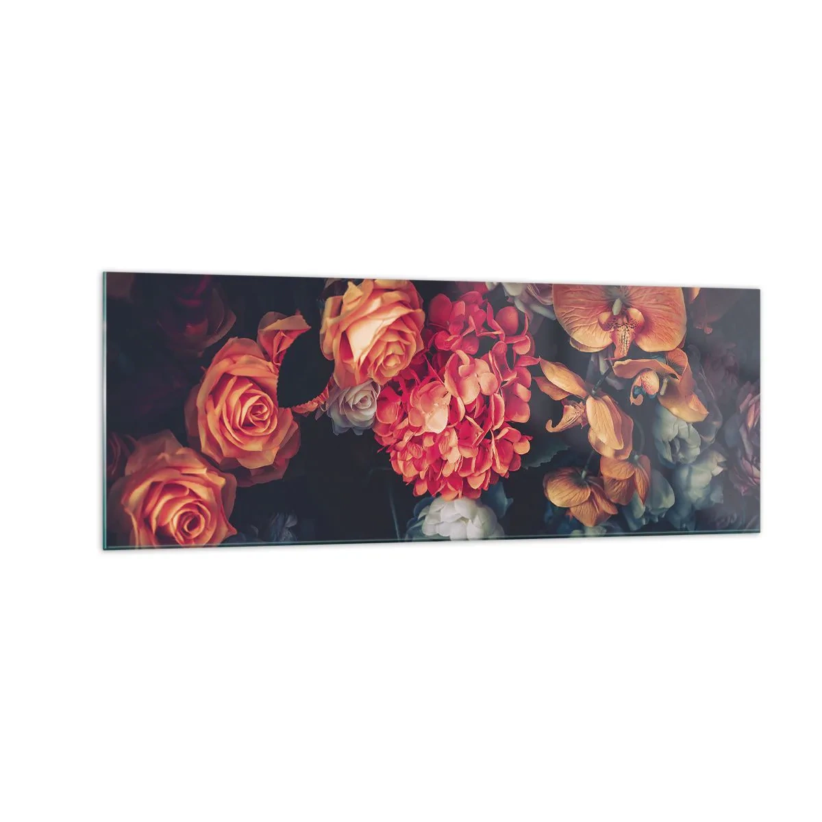 Impression sur verre - Image sur verre - Un bouquet de fleurs variées aux tons sombres - 140x50cm - Comme chez les maîtres hollandais - Décoration murale moderne pour le salon et la chambre ARTTOR