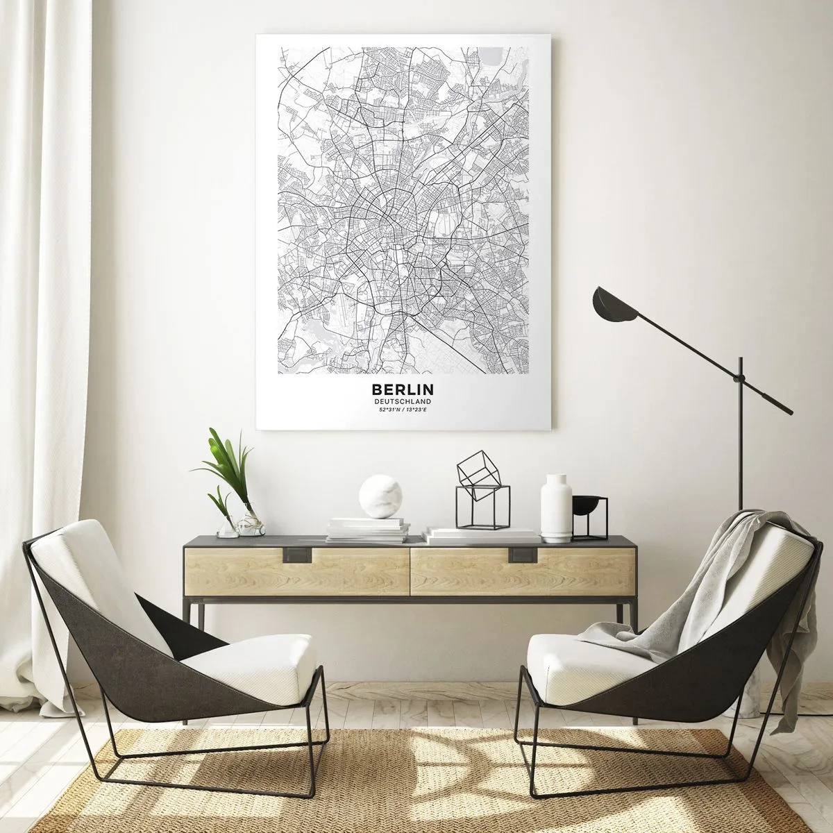 Impression sur verre - Image sur verre - Carte de Berlin en noir et blanc avec un tracé géométrique des rues - 50x70cm - Fleur de Berlin - Décoration murale moderne pour le salon et la chambre ARTTOR
