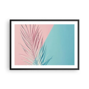Affiche dans un cadre noir - Poster - Feuille tropicale sur un fond de tons pastel de rose et de bleu - 70x50cm - Impression tropicale - Décoration murale moderne pour le salon et la chambre ARTTOR