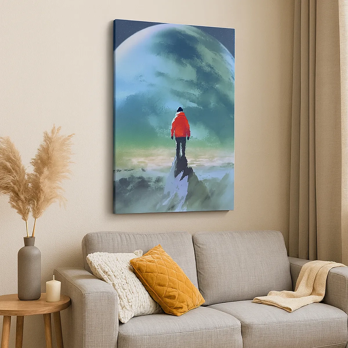 Impression sur toile - Image sur toile - Un homme portant une veste rouge debout devant une grande planète avec des étoiles en arrière-plan. - 50x70cm - Explorateur de la nouvelle terre - Décoration murale moderne pour le salon et la chambre ARTTOR