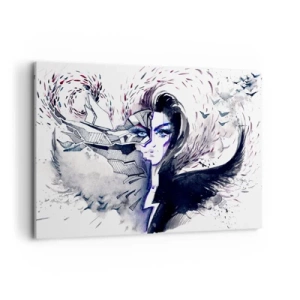 Impression sur toile - Image sur toile - Visage abstrait avec des éléments contrastés et un motif d'aile - 120x80cm - Démoniaque et belle - Décoration murale moderne pour le salon et la chambre ARTTOR