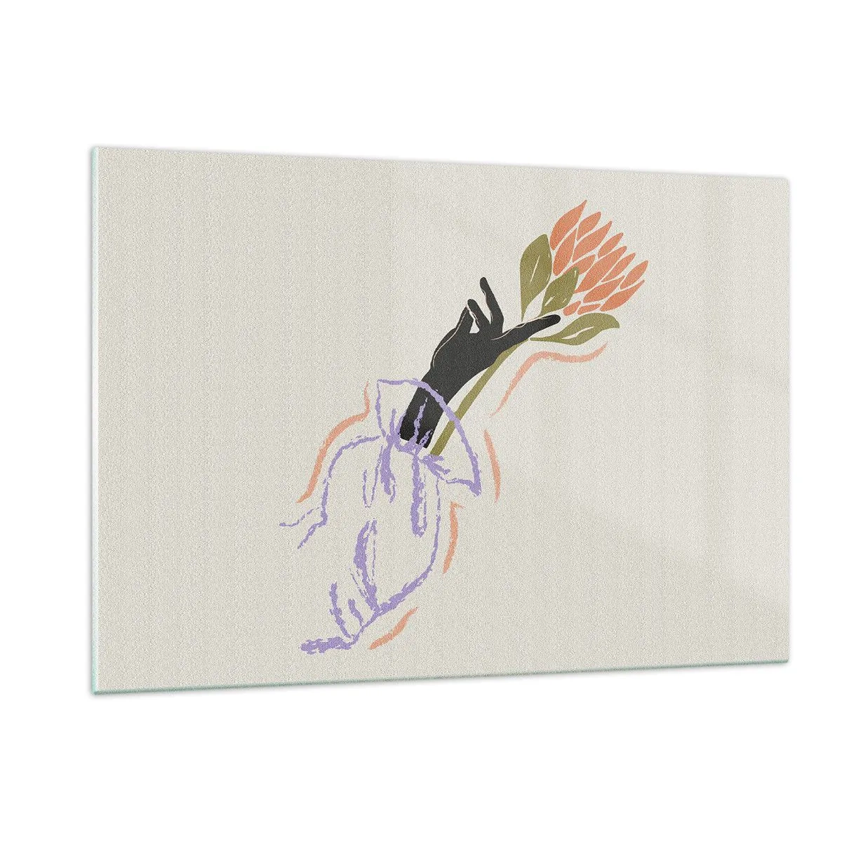 Impression sur verre - Image sur verre - Une main stylisée avec un bouquet de fleurs dessiné avec des lignes pastel. - 120x80cm - Touche fraternelle - Décoration murale moderne pour le salon et la chambre ARTTOR