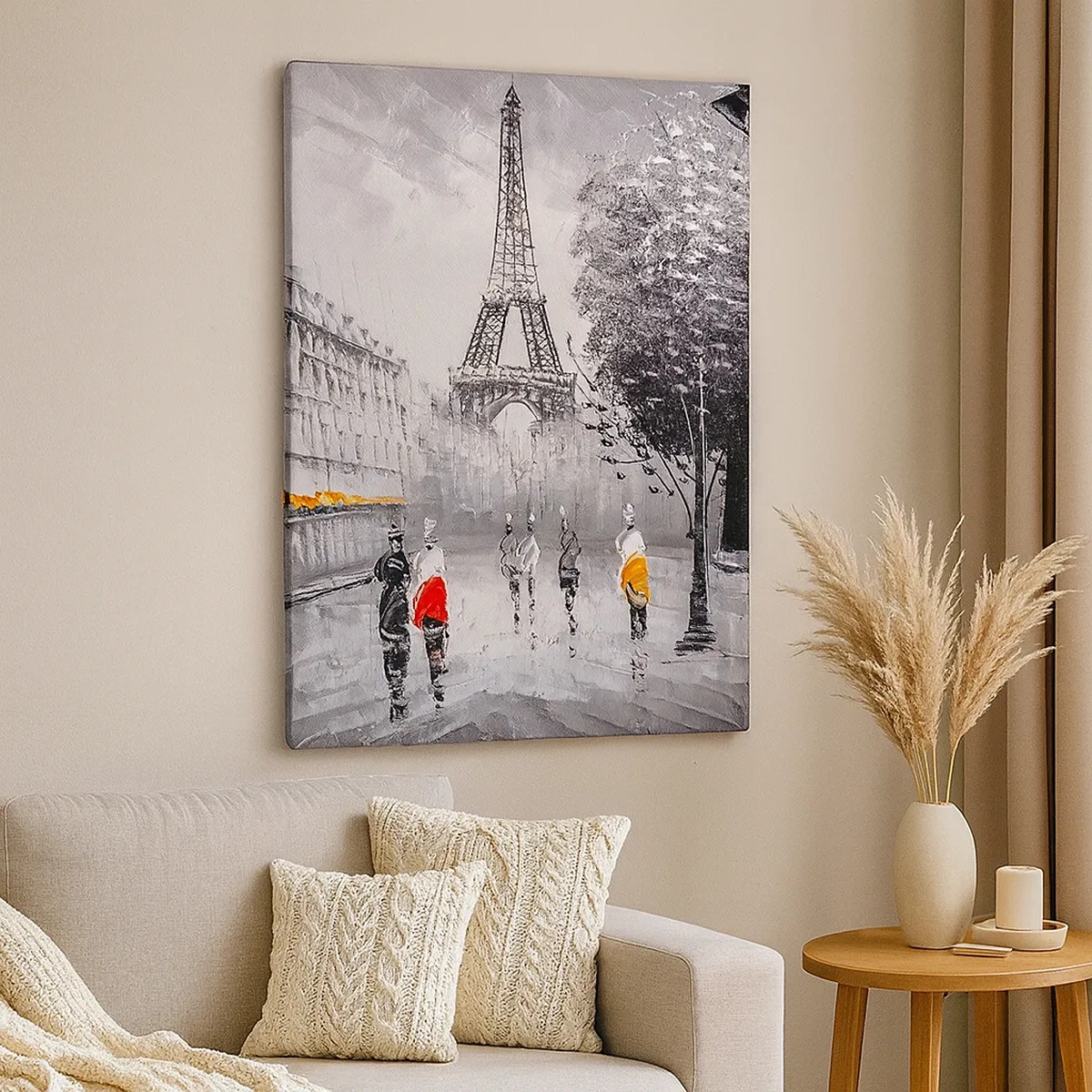 Impression sur toile - Image sur toile - Une vue de la Tour Eiffel dans un décor monochrome avec des touches de couleur - 50x70cm - Balade parisienne - Décoration murale moderne pour le salon et la chambre ARTTOR