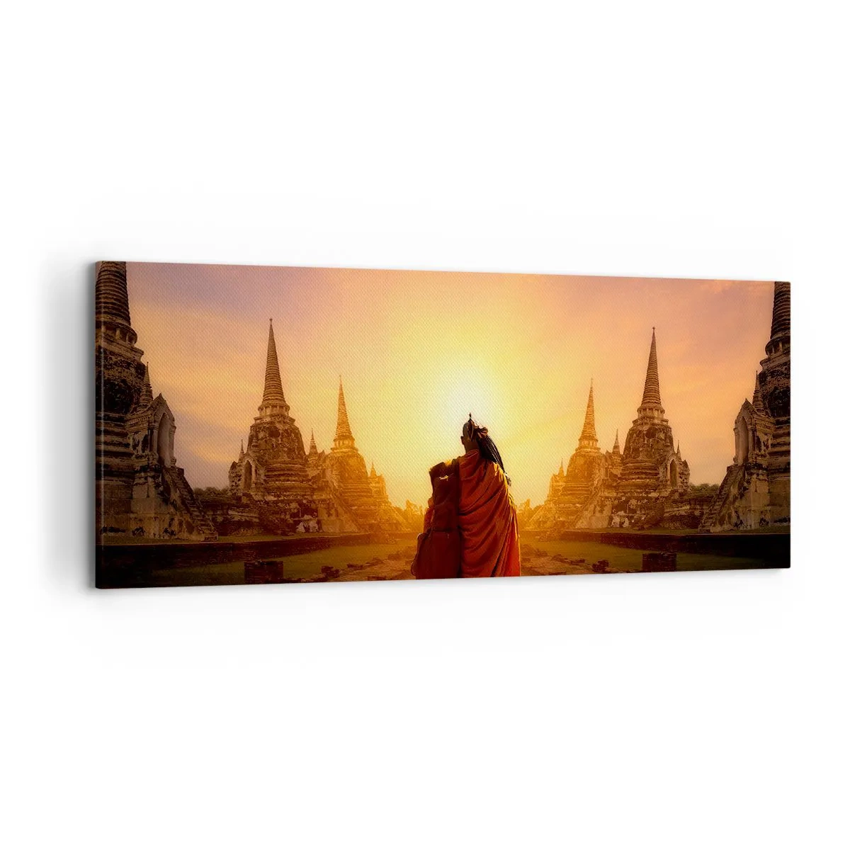 Impression sur toile - Image sur toile - Un moine parmi les temples au coucher du soleil - 120x50cm - En paix pour l'éternité - Décoration murale moderne pour le salon et la chambre ARTTOR