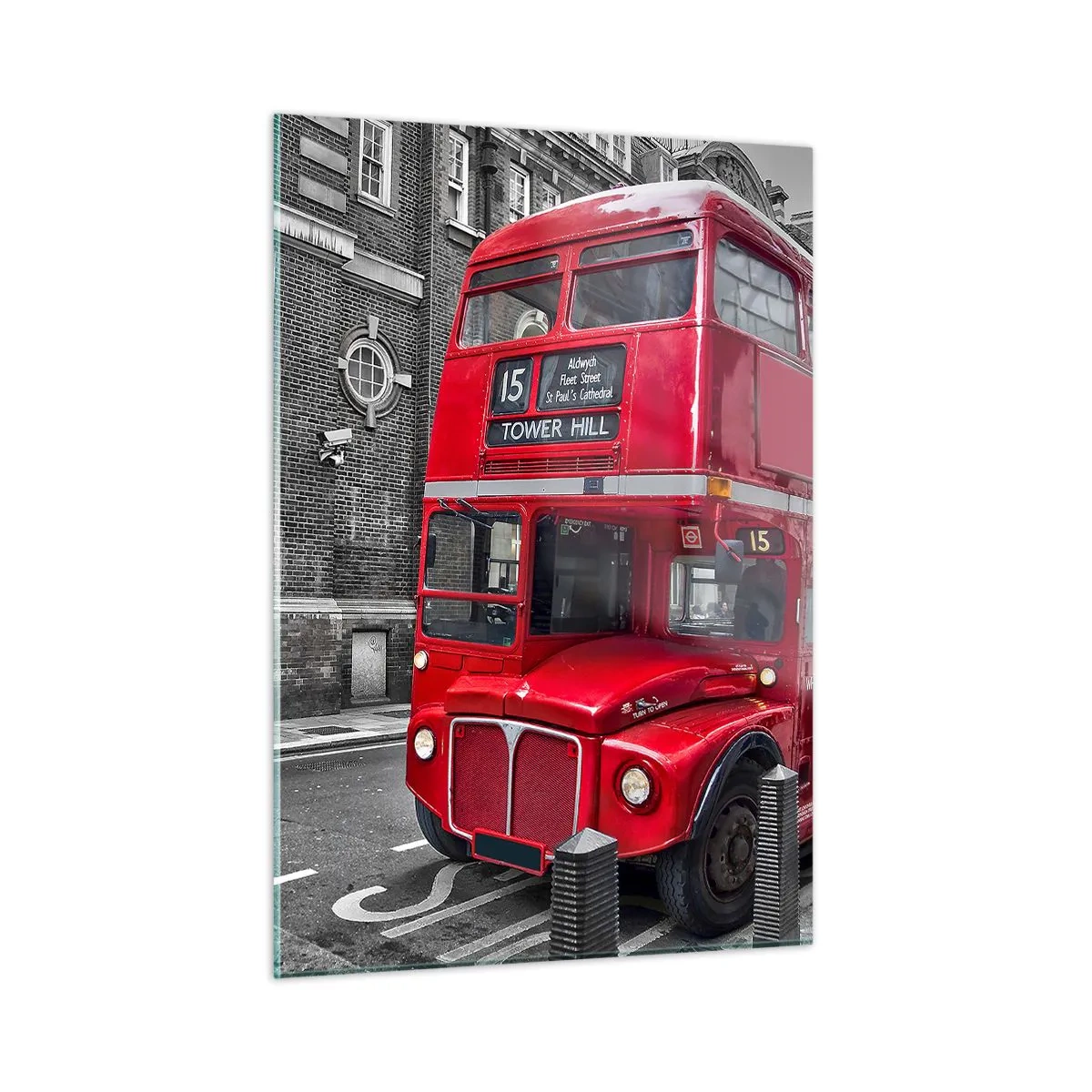 Impression sur verre - Image sur verre - Un bus londonien rouge sur un fond de rue noir et blanc - 50x70cm - Toujours la même chose - Décoration murale moderne pour le salon et la chambre ARTTOR