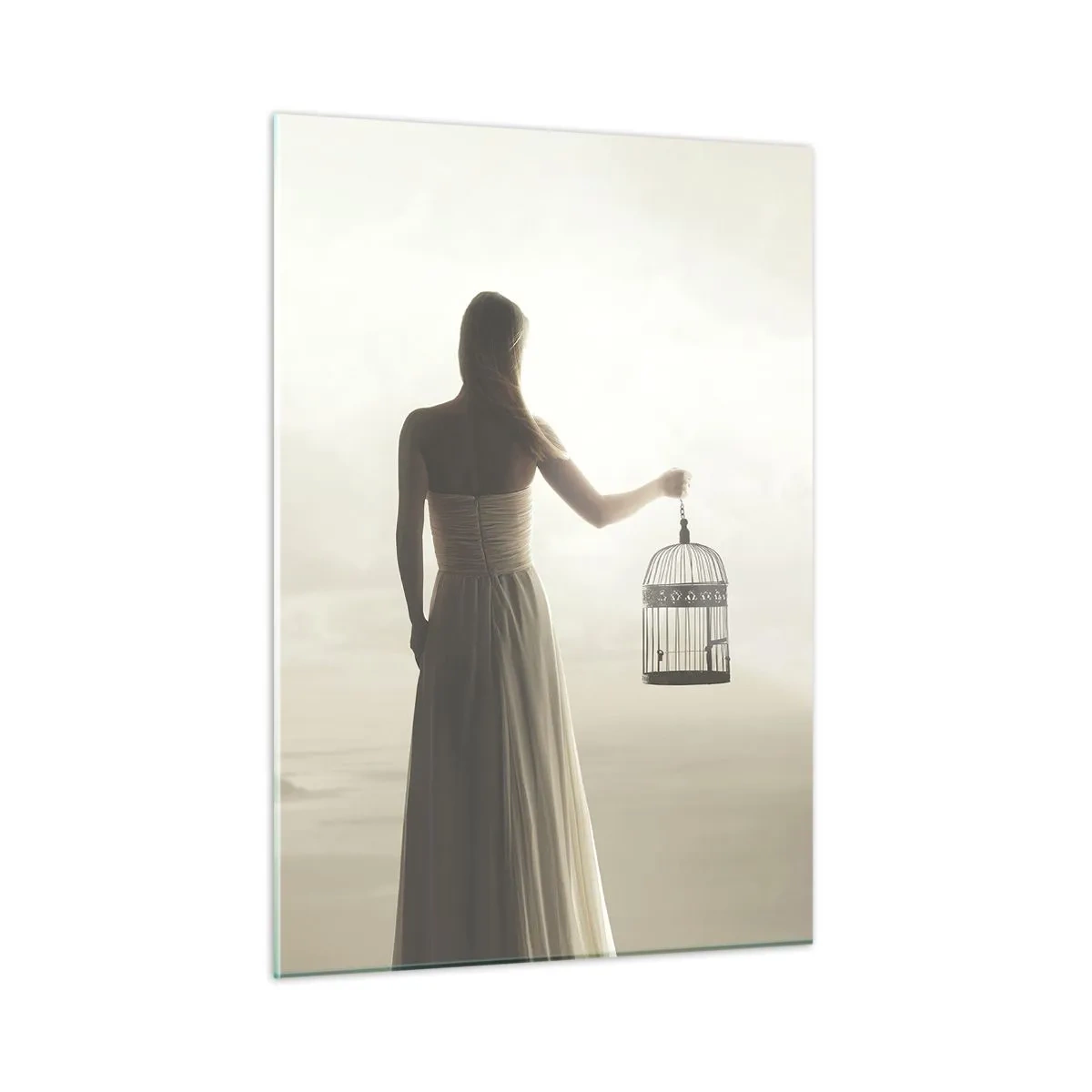 Impression sur verre - Image sur verre - Une femme avec une cage regardant les oiseaux s'envoler dans le ciel - 50x70cm - Soi libre - Décoration murale moderne pour le salon et la chambre ARTTOR