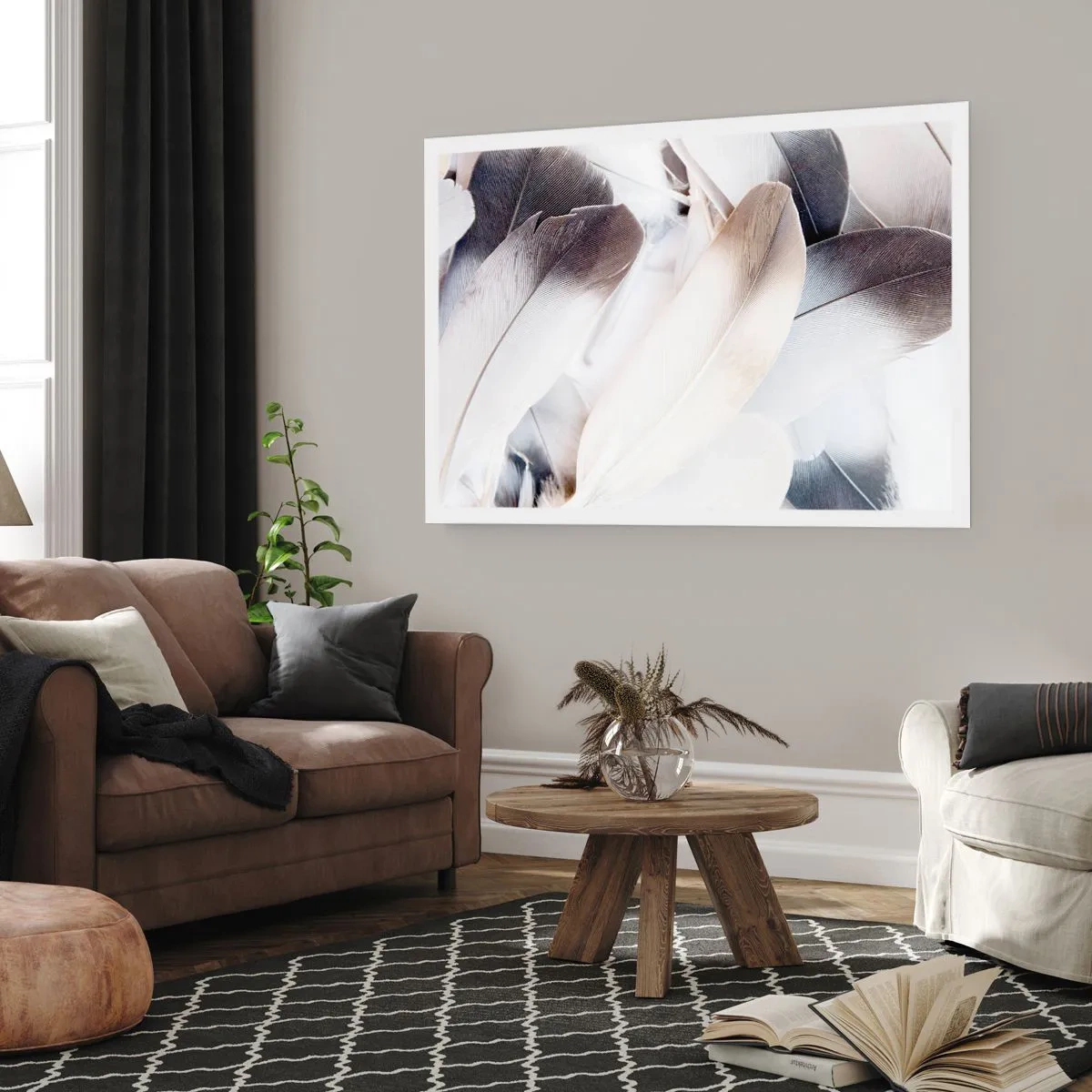 Affiche - Poster - Gros plan de plumes délicates dans des tons de blanc et de gris - 100x70cm - Presque angélique - Décoration murale moderne pour le salon et la chambre ARTTOR
