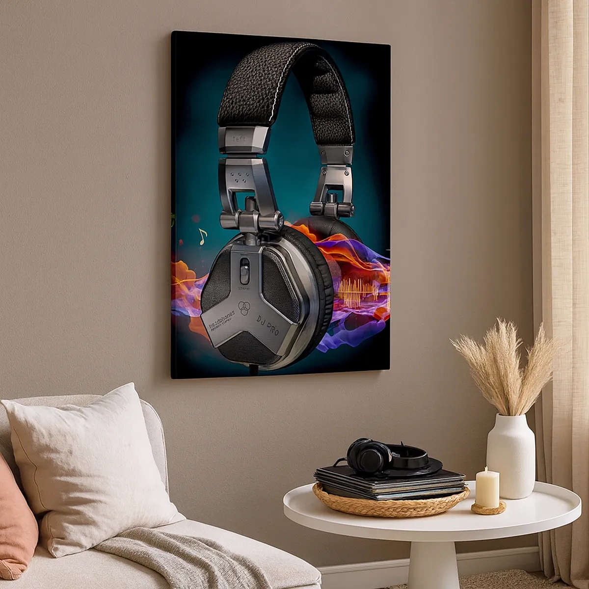 Impression sur toile - Image sur toile - Casque noir avec effet de visualisation musicale colorée - 50x70cm - Dans le feu de la musique - Décoration murale moderne pour le salon et la chambre ARTTOR