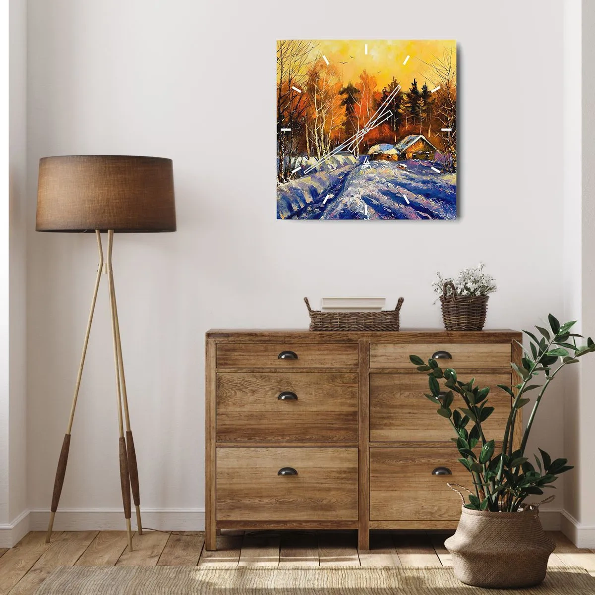 Horloge murale - Pendule murale - Paysage d'hiver avec une maison à la lumière du soleil couchant - 30x30cm - Impression d'hiver au soleil - Décoration murale moderne pour le salon et la chambre ARTTOR