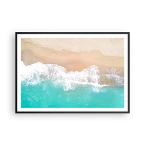 Affiche dans un cadre noir - Poster - Vue plongeante sur une plage aux eaux turquoise et aux vagues douces - 100x70cm - Caresse de l'océan - Décoration murale moderne pour le salon et la chambre ARTTOR