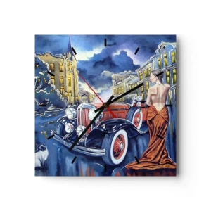 Horloge murale - Pendule murale - Nocturne en bleu et corail - 40x40 cm