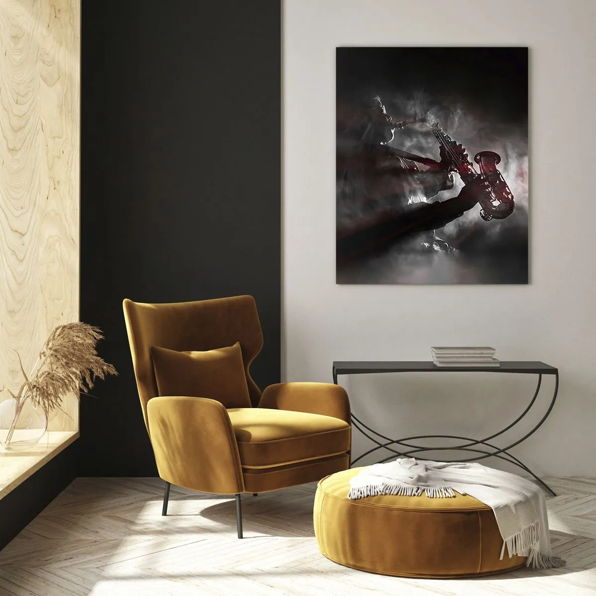 Impression sur verre - Image sur verre - Saxophoniste dans un nuage de fumée en noir et blanc - 50x70cm - Dans les brumes du jazz - Décoration murale moderne pour le salon et la chambre ARTTOR