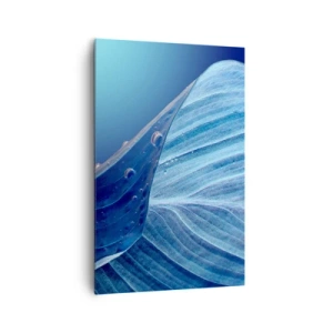 Impression sur toile - Image sur toile - Une feuille bleue avec des gouttes d'eau visibles - 80x120cm - Gouttes cachées du bleu - Décoration murale moderne pour le salon et la chambre ARTTOR