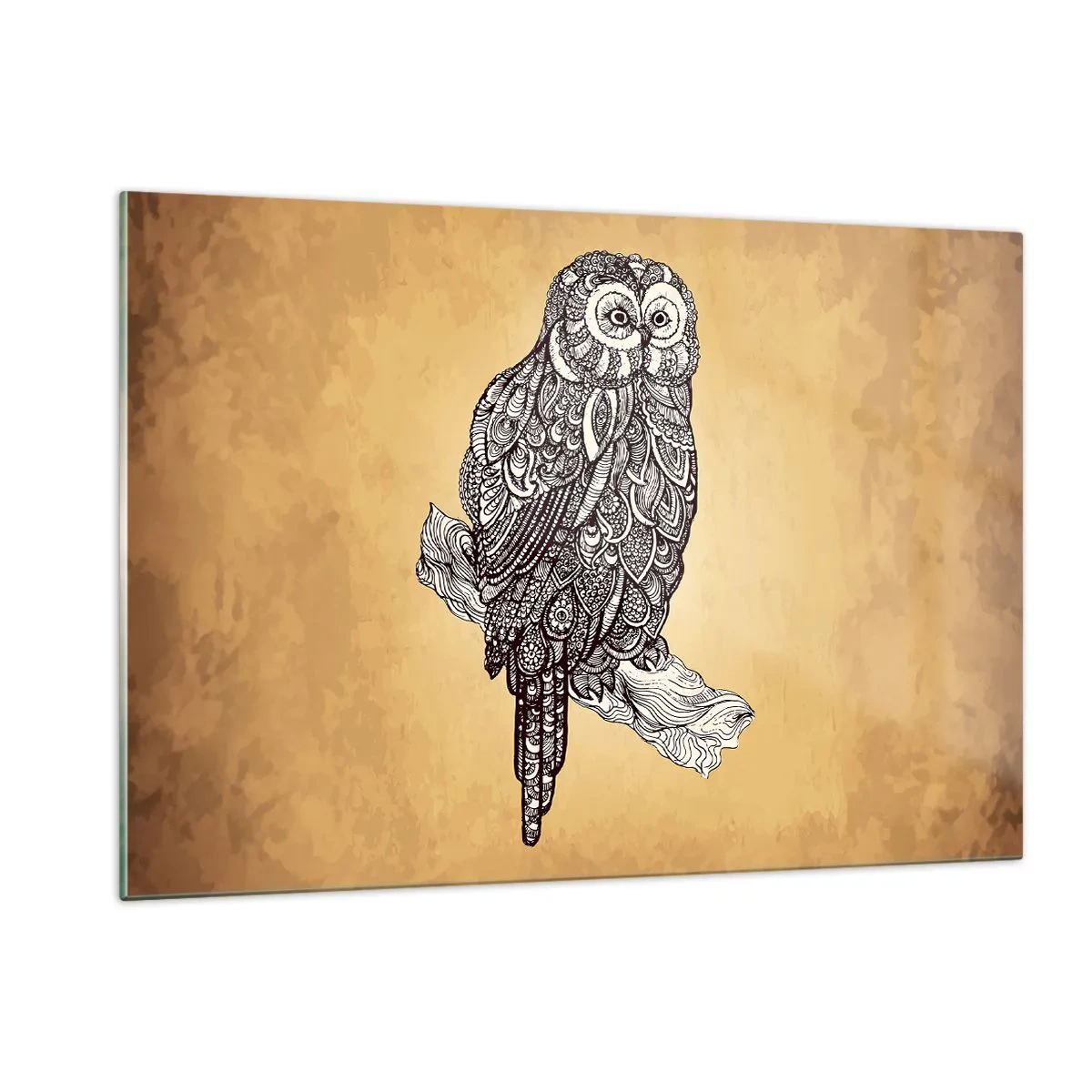 Impression sur verre - Image sur verre - Chouette de style ornemental sur fond sépia - 120x80cm - Ornements complexes de sagesse - Décoration murale moderne pour le salon et la chambre ARTTOR