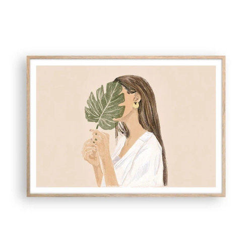 Affiche dans un chêne clair - Poster - Portrait mystérieux avec un éventail - 100x70 cm