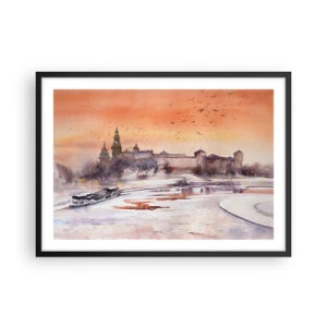 Affiche dans un cadre noir - Poster - Coucher de soleil sur le château dans un paysage hivernal - 70x50cm - Coucher de soleil royal - Décoration murale moderne pour le salon et la chambre ARTTOR