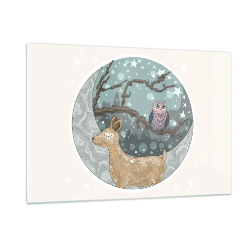 Impression sur verre - Image sur verre - Illustration d'un cerf et d'un hibou dans un décor magique - 120x80cm - Une nuit de conte de fées en forêt  - Décoration murale moderne pour le salon et la chambre ARTTOR
