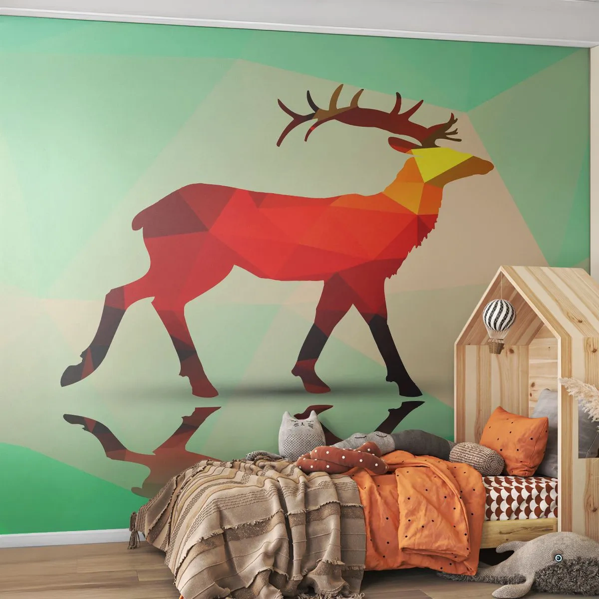 Papier Peint Photo Premium Sand - Silhouette géométrique d'un cerf sur fond vert - 100x70cm - Cerf géométrique - Décoration murale moderne pour le salon et la chambre ARTTOR